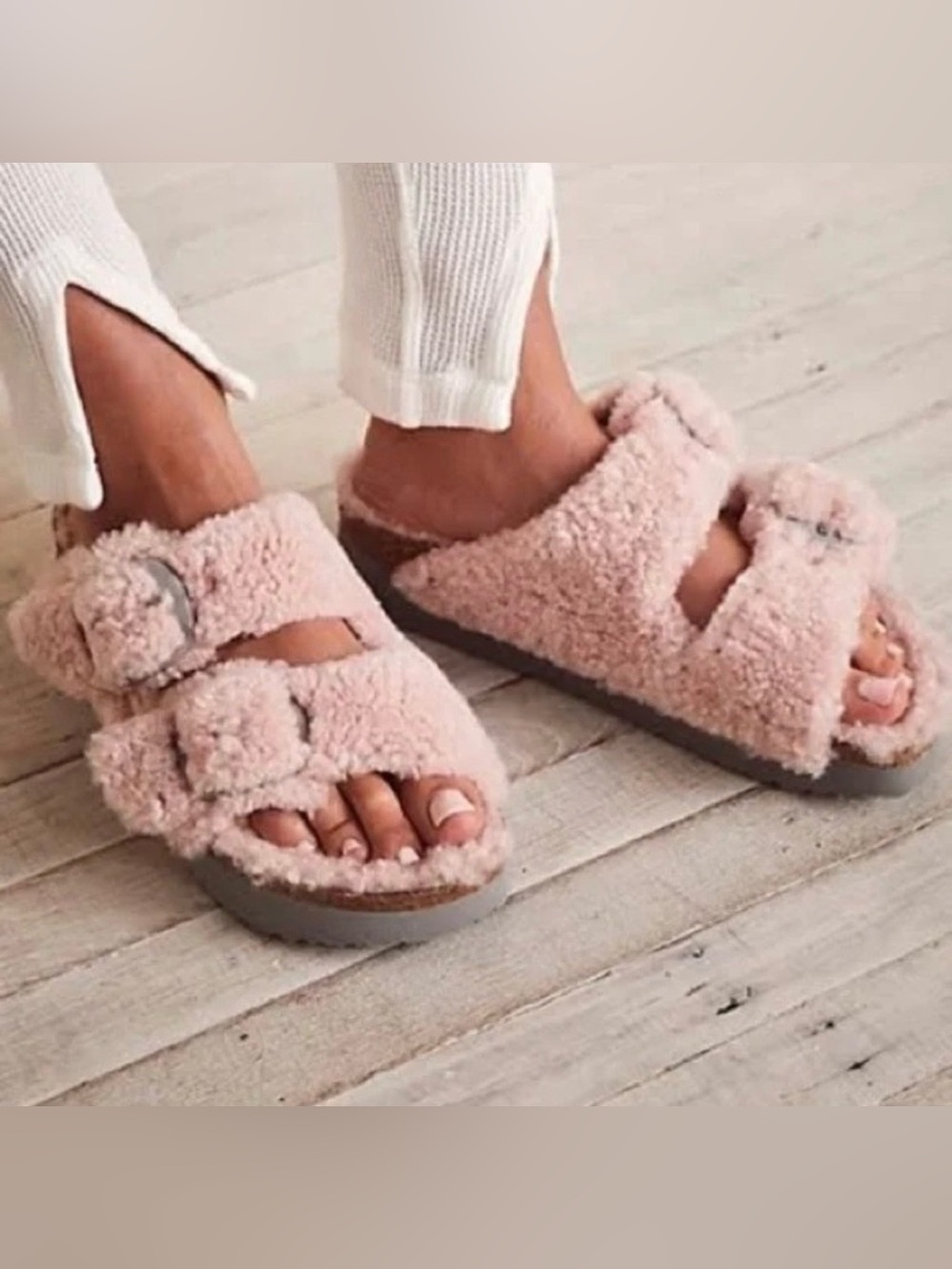 NIB Birkenstock Arizona Double Buckle Teddy Papillio Sandals Sz 39/8 Light Rose